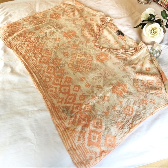 Forever 21 Top Silk Ivory and Coral Beaded Kimono Sleeve Deep Vneck Cover Up - Picture 9 of 12